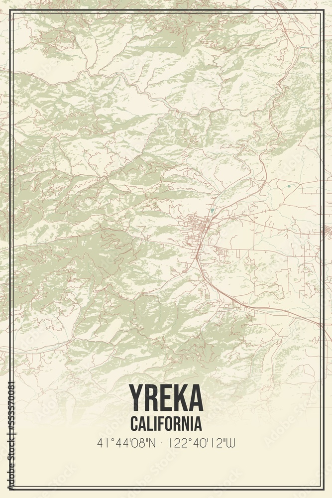 Retro US city map of Yreka, California. Vintage street map.