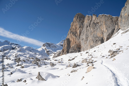 landscape view of the mountains covered in snow in winter (Picos de Europa National Park, Spain)