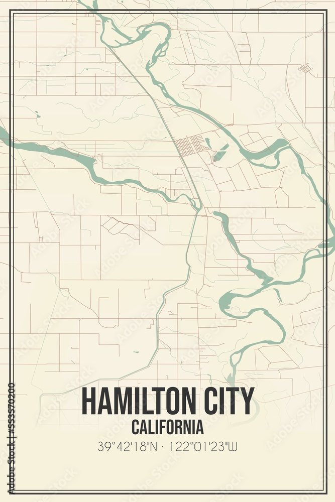 Naklejka premium Retro US city map of Hamilton City, California. Vintage street map.