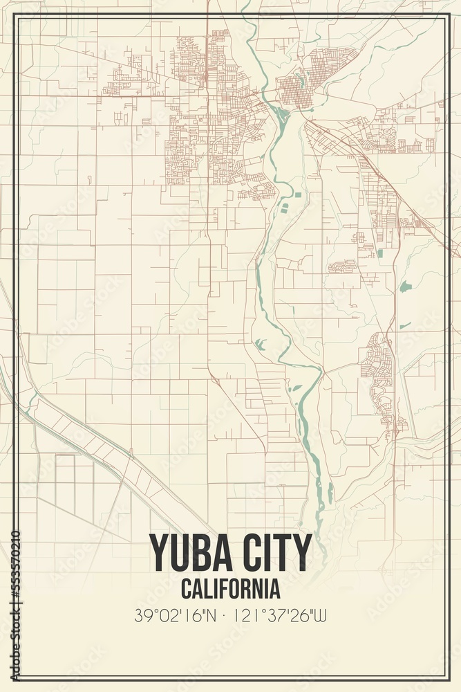 Retro US city map of Yuba City, California. Vintage street map.