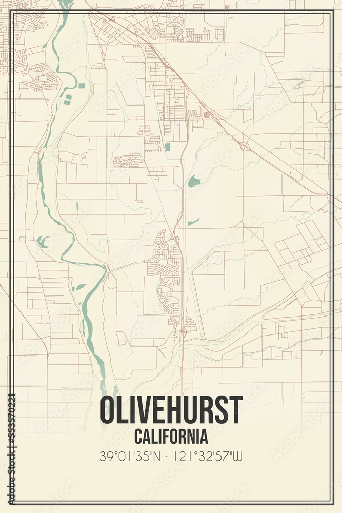 Retro US city map of Olivehurst, California. Vintage street map.