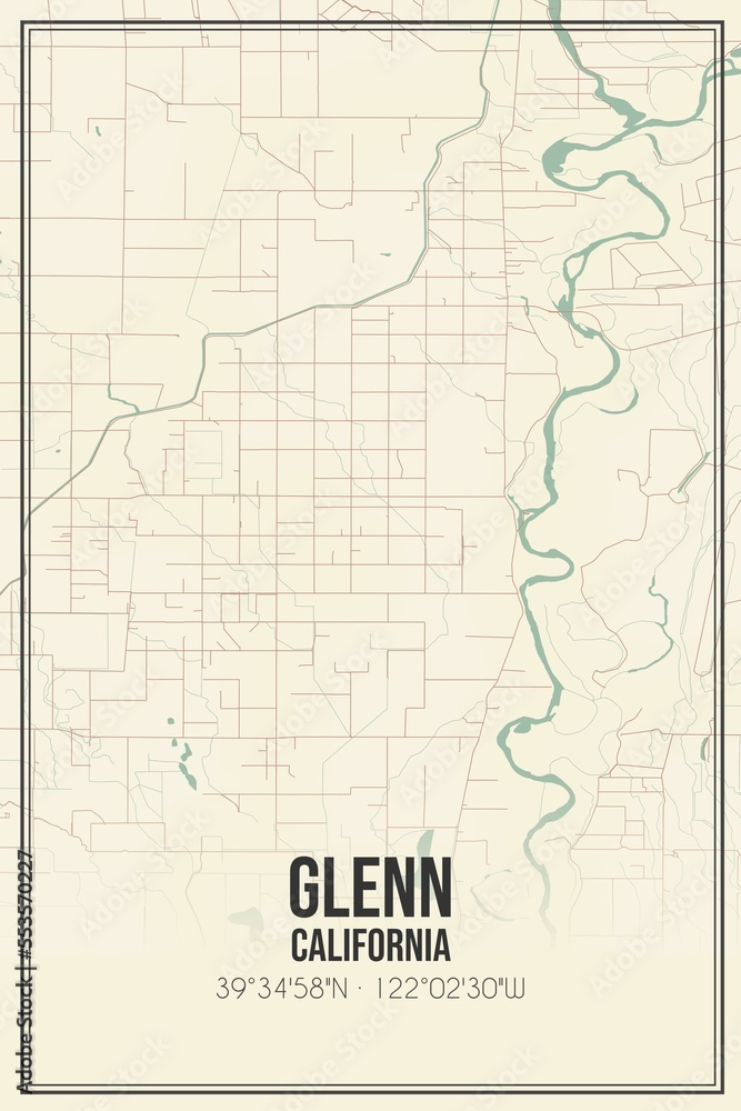 Retro US city map of Glenn, California. Vintage street map.