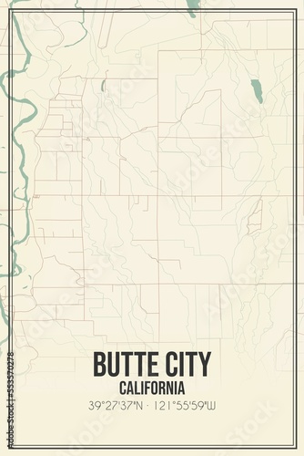 Retro US city map of Butte City, California. Vintage street map.