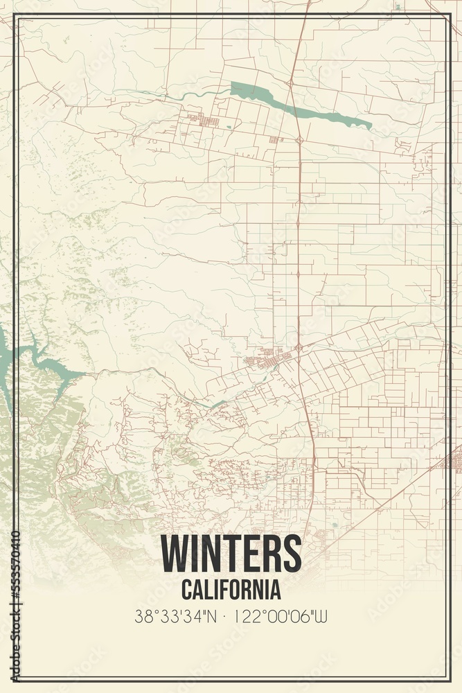 Retro US city map of Winters, California. Vintage street map.