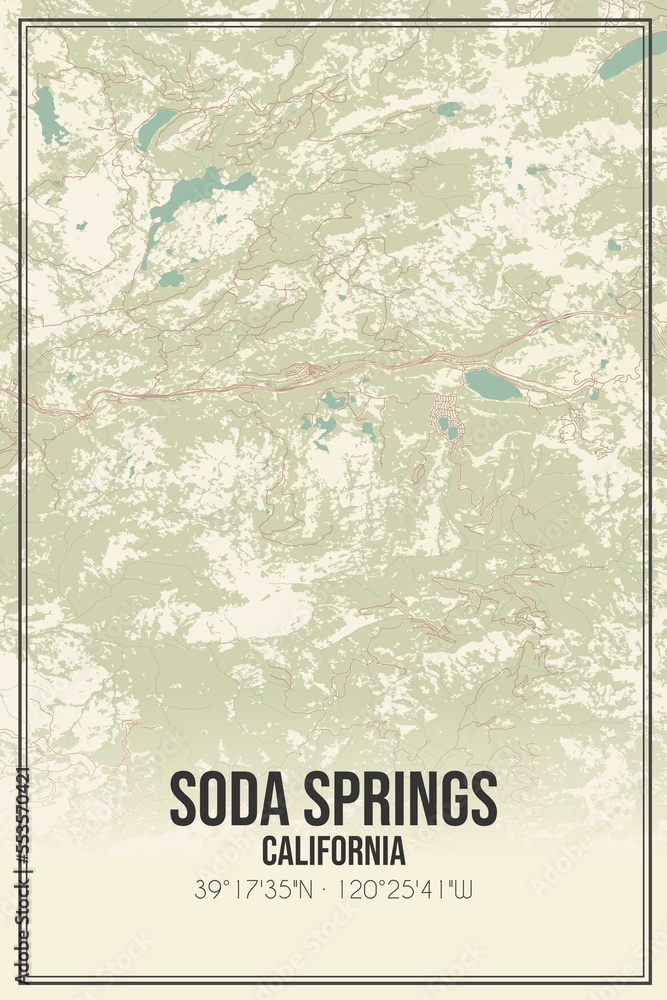 Retro US city map of Soda Springs, California. Vintage street map.
