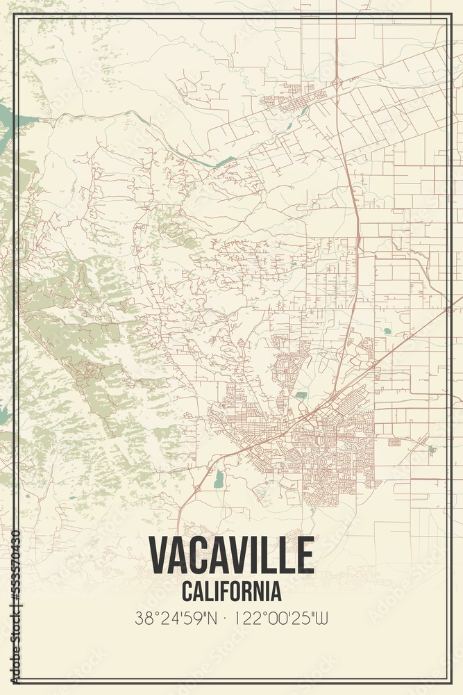 Retro US city map of Vacaville, California. Vintage street map.