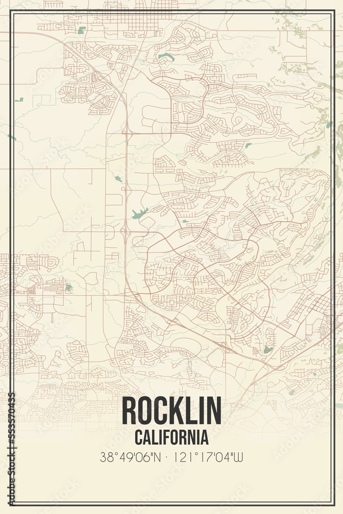 Retro US city map of Rocklin, California. Vintage street map.