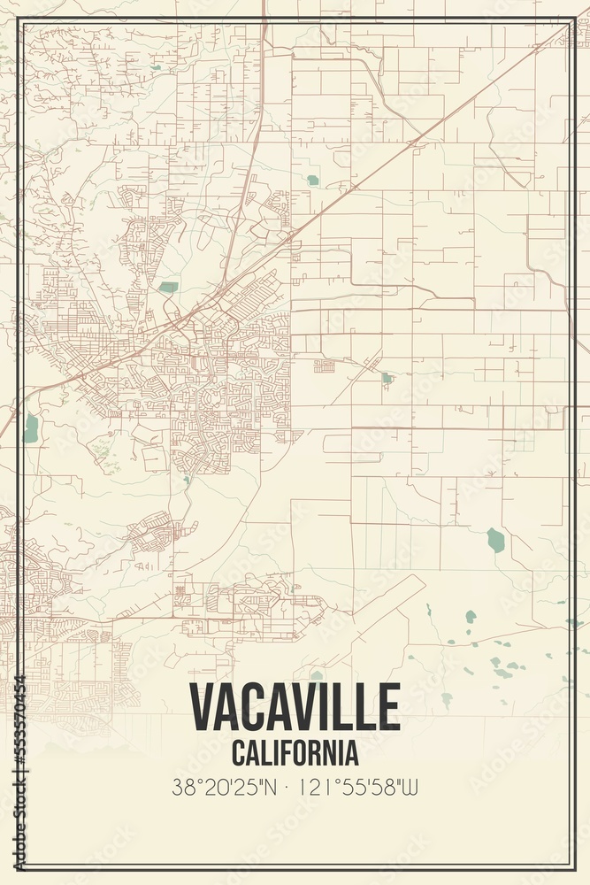 Retro US city map of Vacaville, California. Vintage street map.