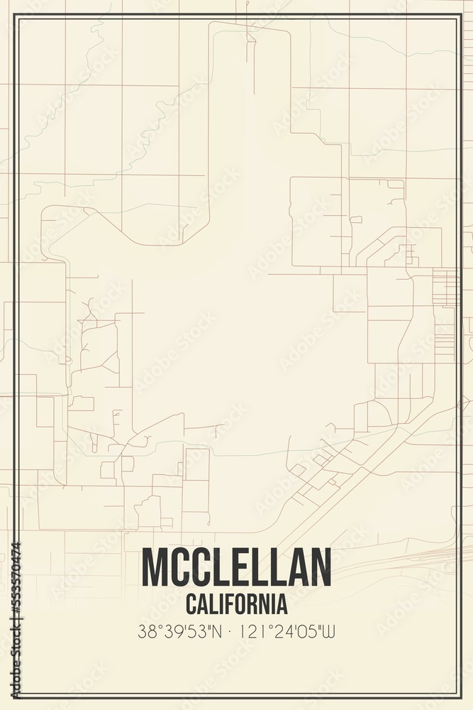 Retro US city map of Mcclellan, California. Vintage street map.