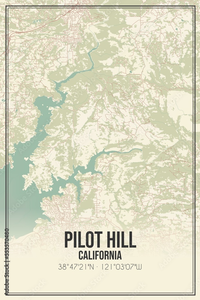 Retro US city map of Pilot Hill, California. Vintage street map.