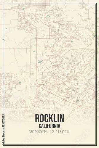 Retro US city map of Rocklin  California. Vintage street map.