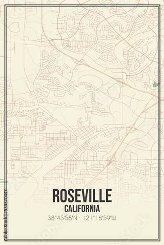 Retro US city map of Roseville, California. Vintage street map. photo