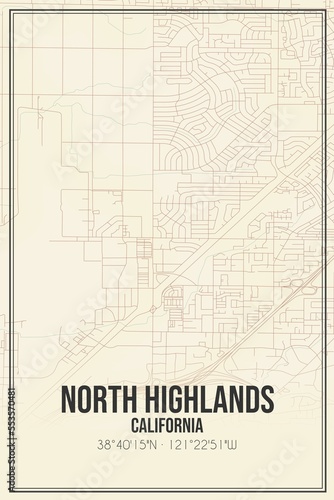 Retro US city map of North Highlands, California. Vintage street map.