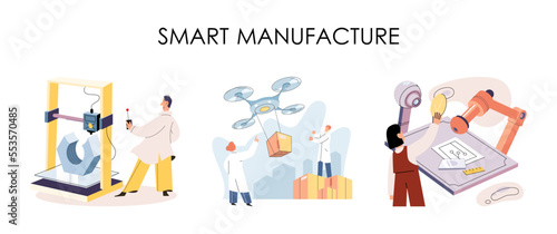Manufacturing process industry. Scientist robot assembling products. Smart manufacture, automation development metaphor. Smart industry product design, automated production, robots and machinery 4.0