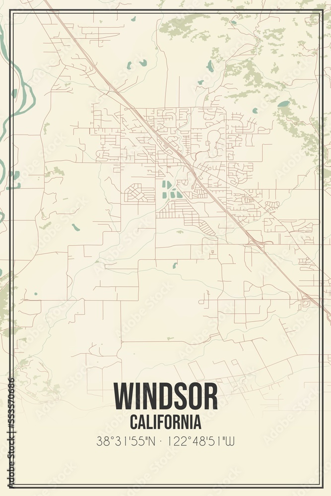 Retro US city map of Windsor, California. Vintage street map.