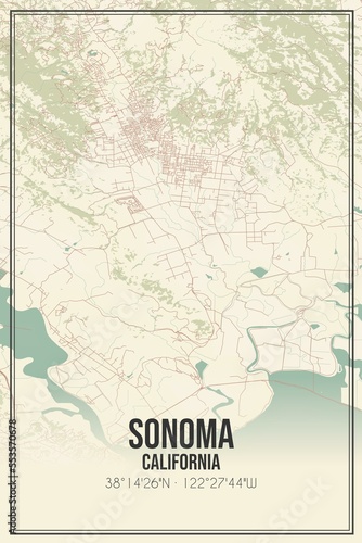 Retro US city map of Sonoma  California. Vintage street map.