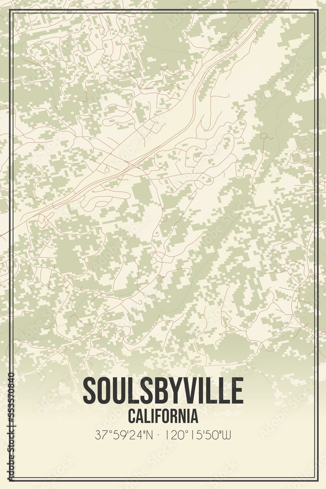 Retro US city map of Soulsbyville, California. Vintage street map.