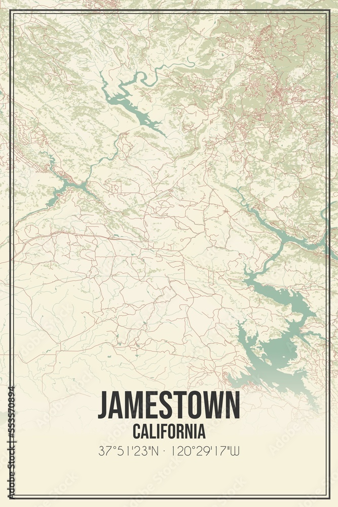 Retro US city map of Jamestown, California. Vintage street map.
