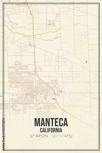Retro US city map of Manteca, California. Vintage street map.