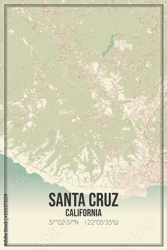 Retro US city map of Santa Cruz, California. Vintage street map. photo