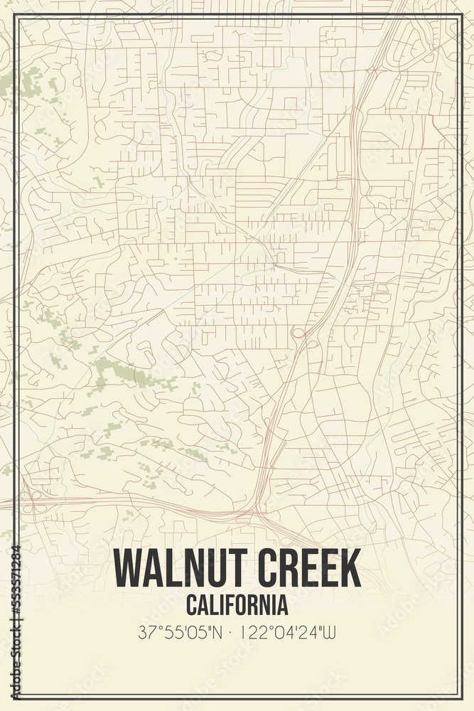 Retro US city map of Walnut Creek, California. Vintage street map.