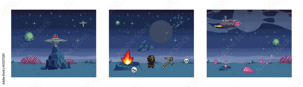 Retro computer games level. Pixel art video game scene 8 bit warrior ...