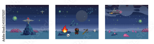 Retro computer games level. Pixel art video game scene 8 bit warrior character collects weapons and skulls. Gaming pixelated platform arcade level. Pixels gaming fantasy space landscape background