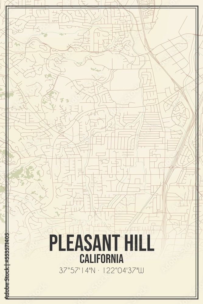 Retro US city map of Pleasant Hill, California. Vintage street map.