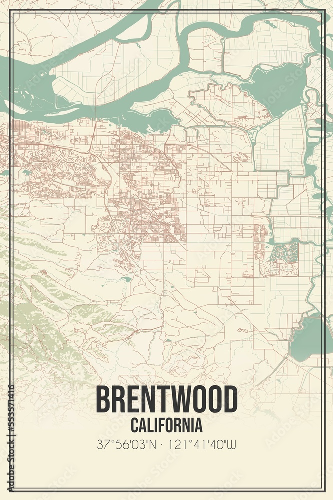 Retro US city map of Brentwood, California. Vintage street map.