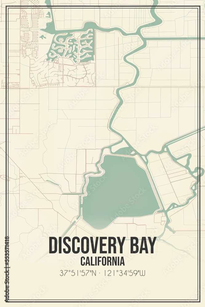 Retro US city map of Discovery Bay, California. Vintage street map.