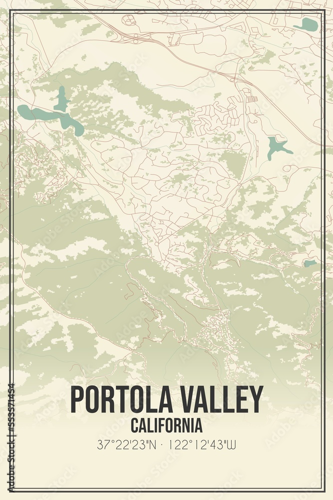 Retro US city map of Portola Valley, California. Vintage street map.
