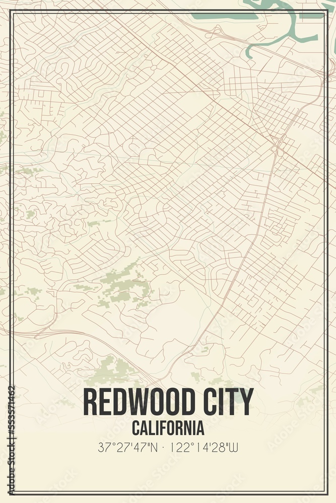Retro US city map of Redwood City, California. Vintage street map.