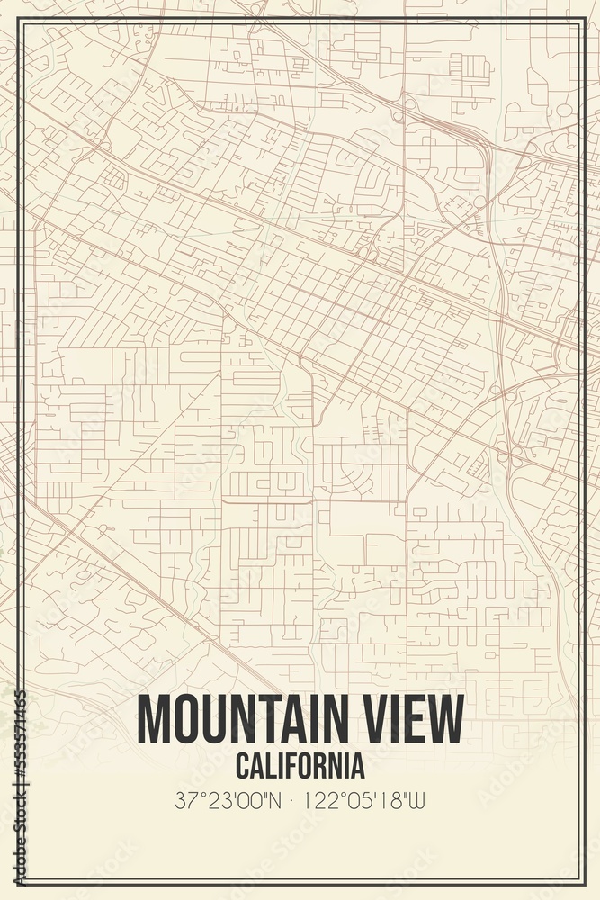 Retro US city map of Mountain View, California. Vintage street map.