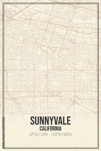 Retro US city map of Sunnyvale  California. Vintage street map.