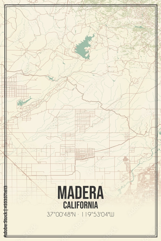 Retro US city map of Madera, California. Vintage street map.