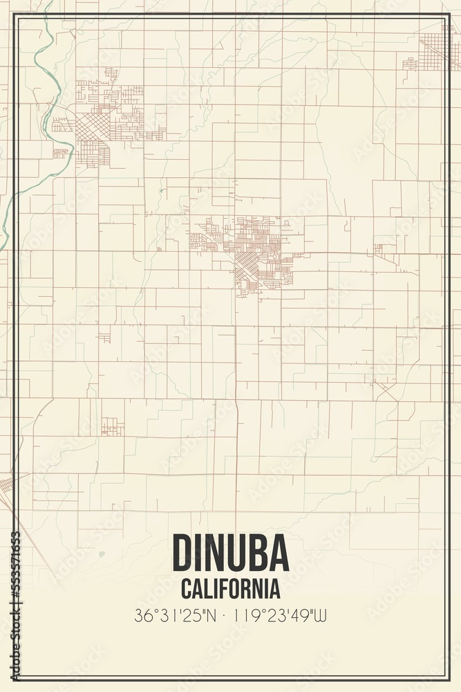 Retro US city map of Dinuba, California. Vintage street map.