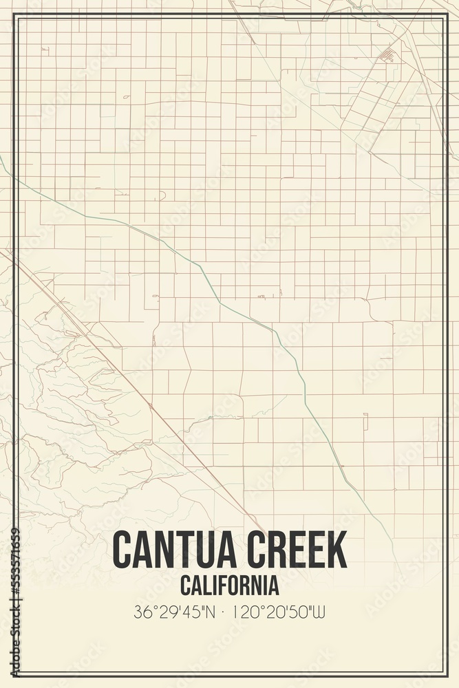 Retro US city map of Cantua Creek, California. Vintage street map.