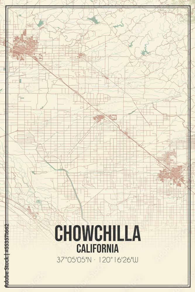 Retro US city map of Chowchilla, California. Vintage street map.