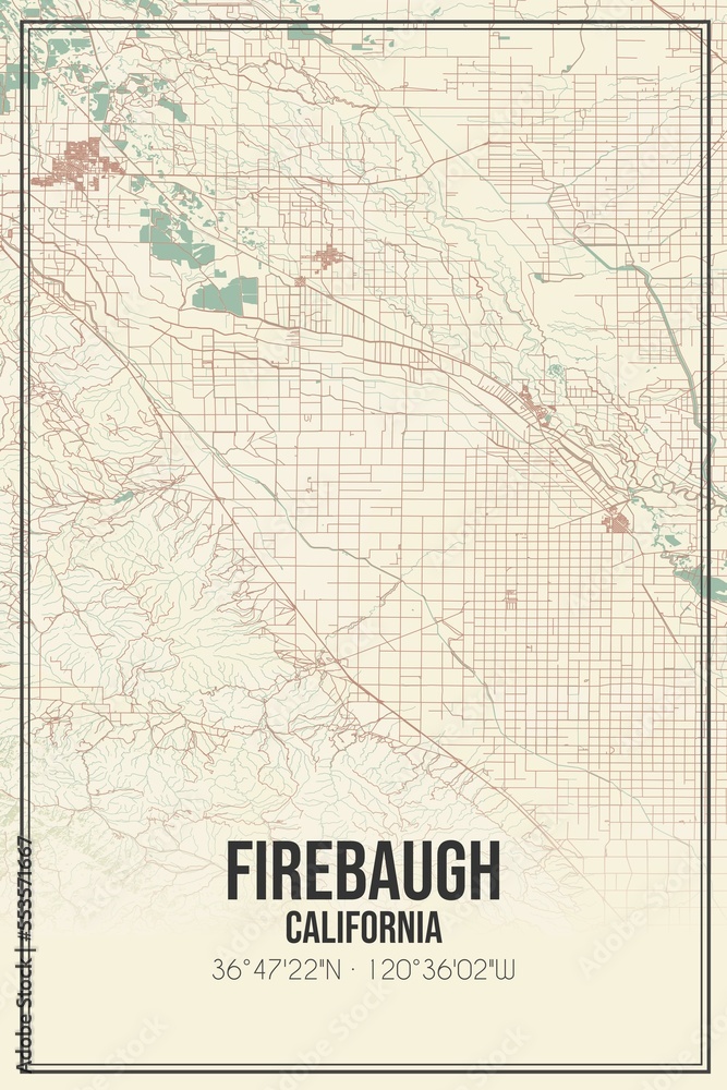 Retro US city map of Firebaugh, California. Vintage street map.