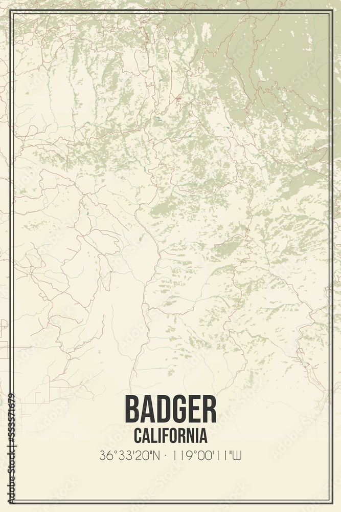 Retro US city map of Badger, California. Vintage street map.