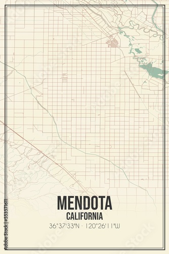 Retro US city map of Mendota  California. Vintage street map.