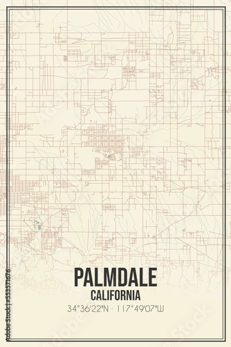 Retro US city map of Palmdale  California. Vintage street map.