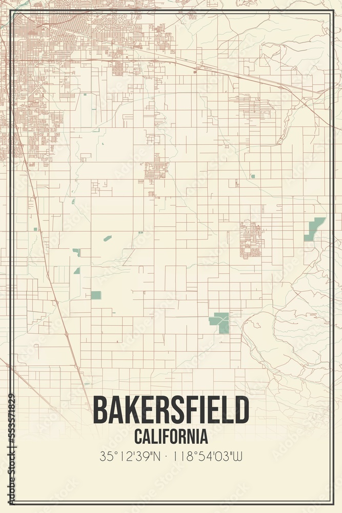 Retro US city map of Bakersfield, California. Vintage street map.