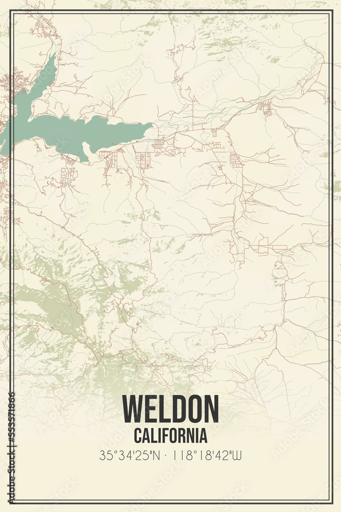 Retro US city map of Weldon, California. Vintage street map.