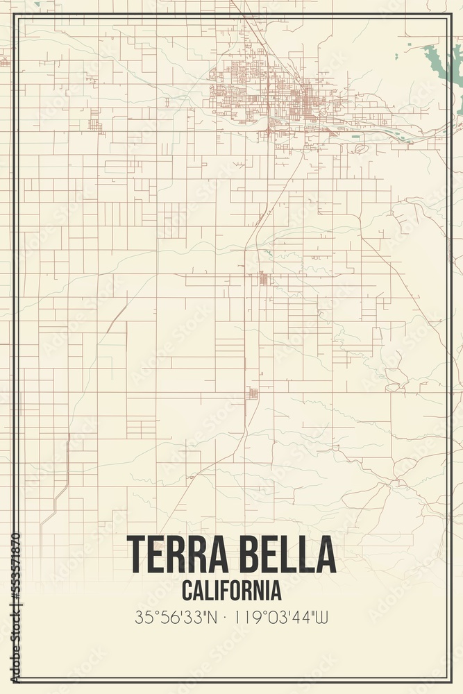 Retro US city map of Terra Bella, California. Vintage street map.