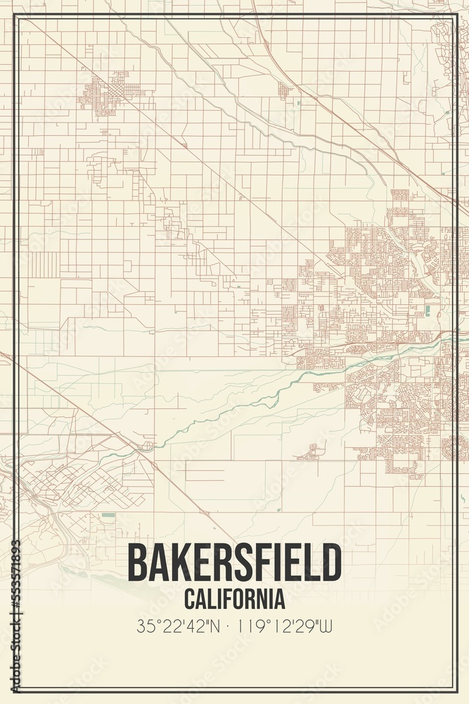 Retro US city map of Bakersfield, California. Vintage street map.
