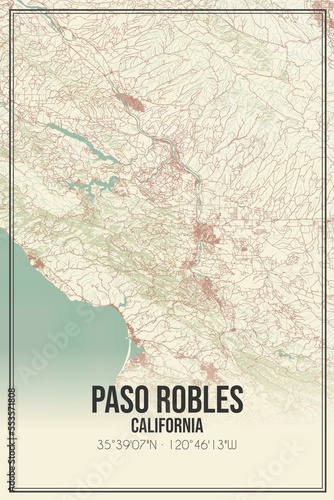 Retro US city map of Paso Robles  California. Vintage street map.