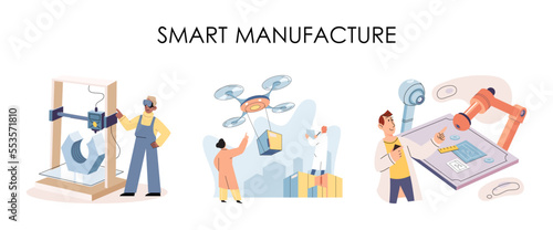 Smart manufacture  automation development metaphor. Innovative smart industry product design  manufacturing process  automated production line  delivery and distribution robots machinery industry 4.0