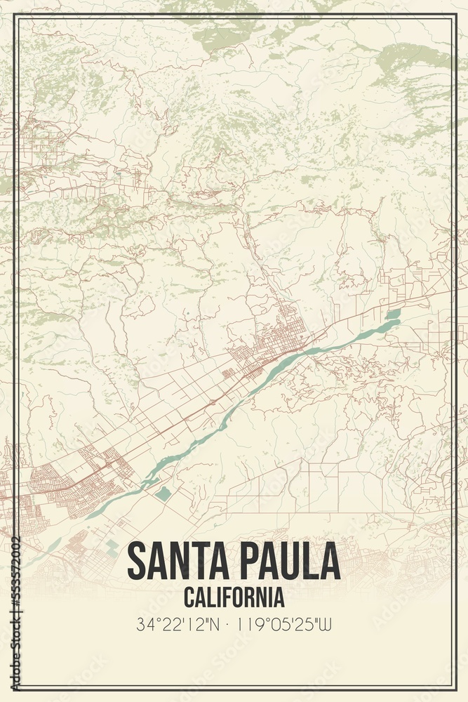 Retro US city map of Santa Paula, California. Vintage street map.