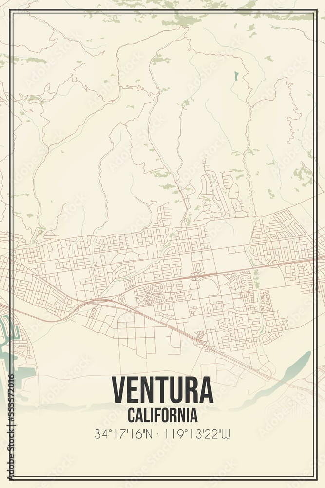 Retro US city map of Ventura, California. Vintage street map.